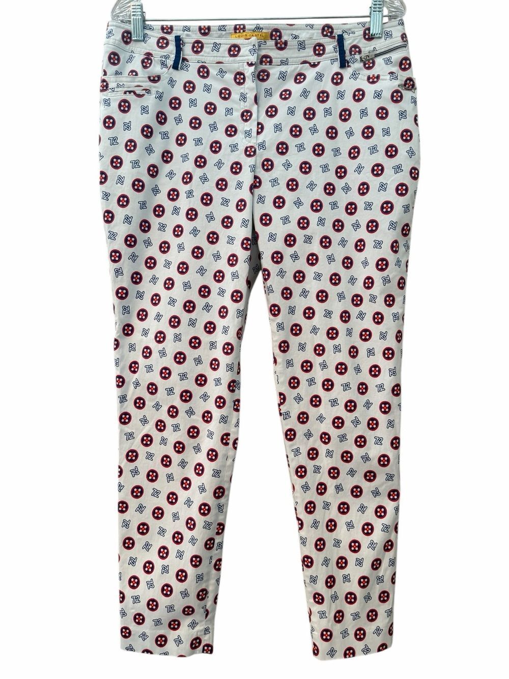 Louis Castel Performance Golf Pants Women Sz 33x27 White Red Bue 72 Pattern Logo